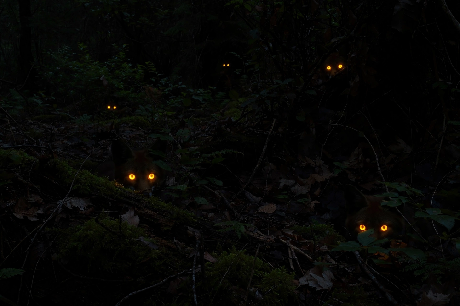 Amber eye-shine of nocturnal wildlife in the dark