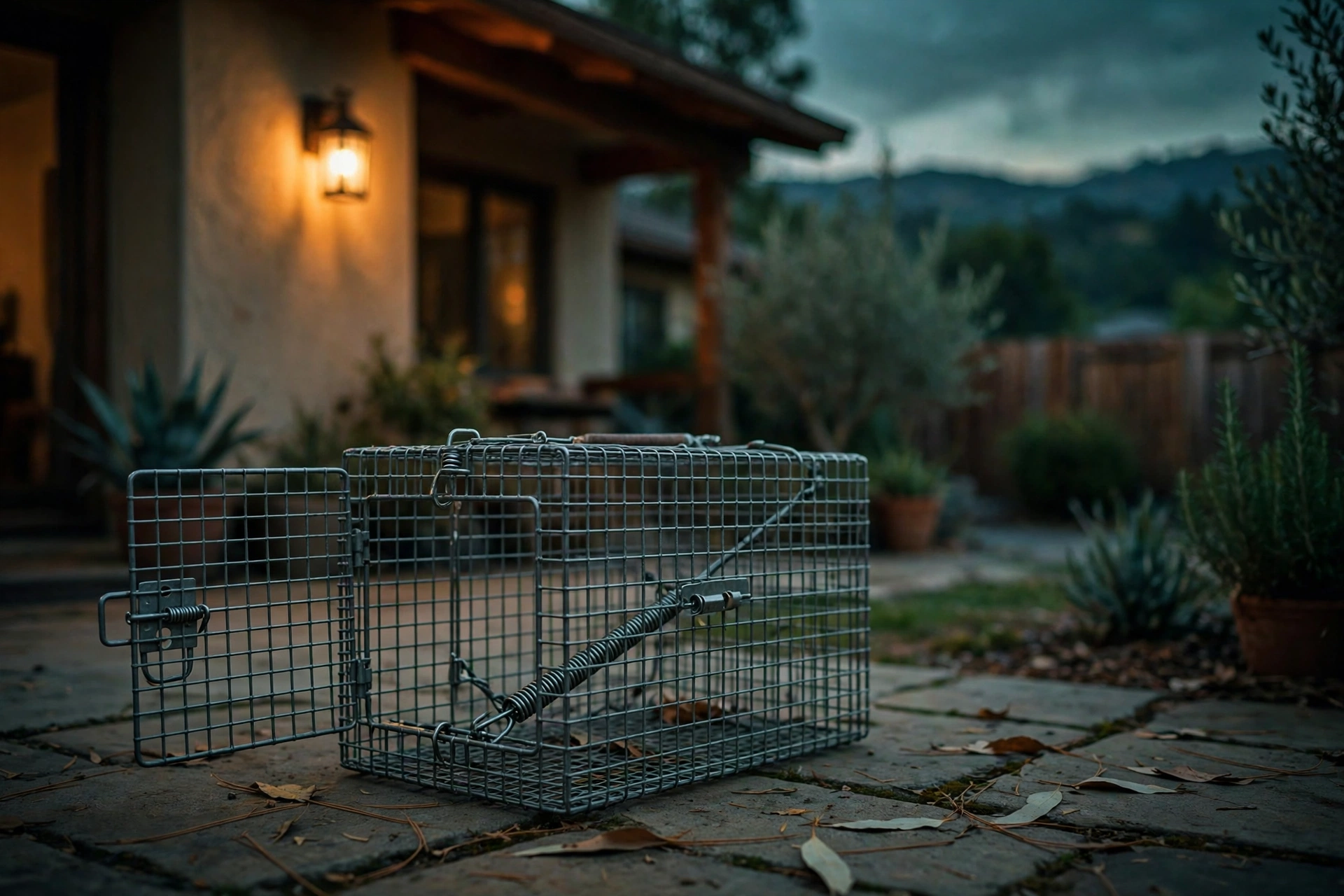 Humane live animal trap set at dusk in a Riverside yard