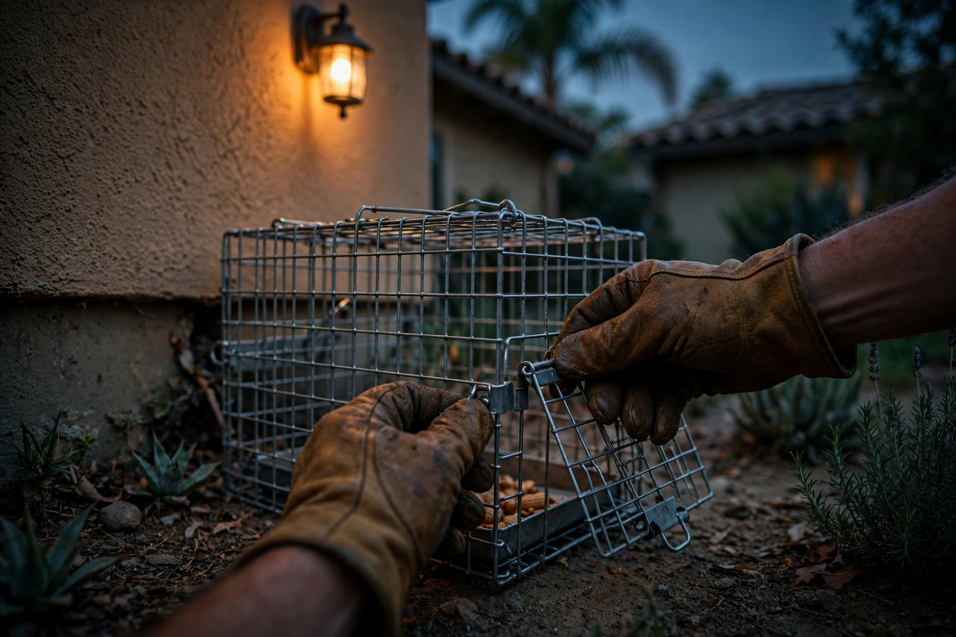Wildlife trapper setting a humane cage trap at dusk
